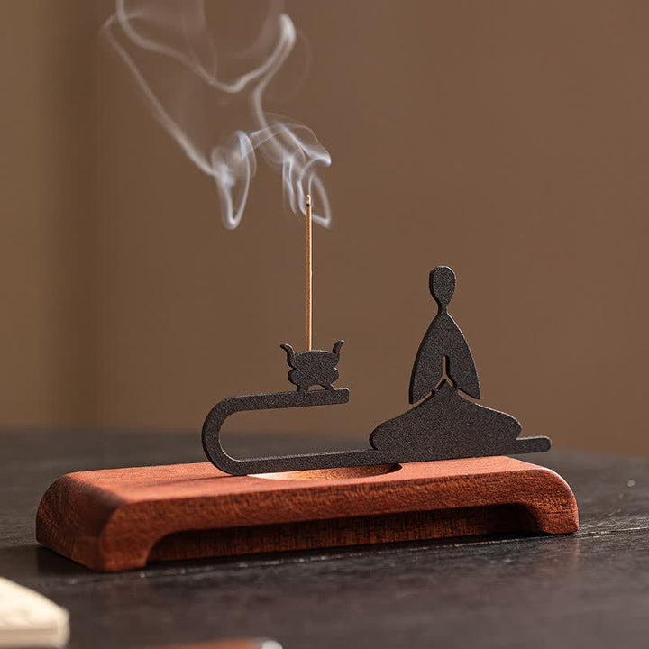 Buddha Stones Brûleur d'encens de méditation Zen Monk en bois naturel et fer - image 1