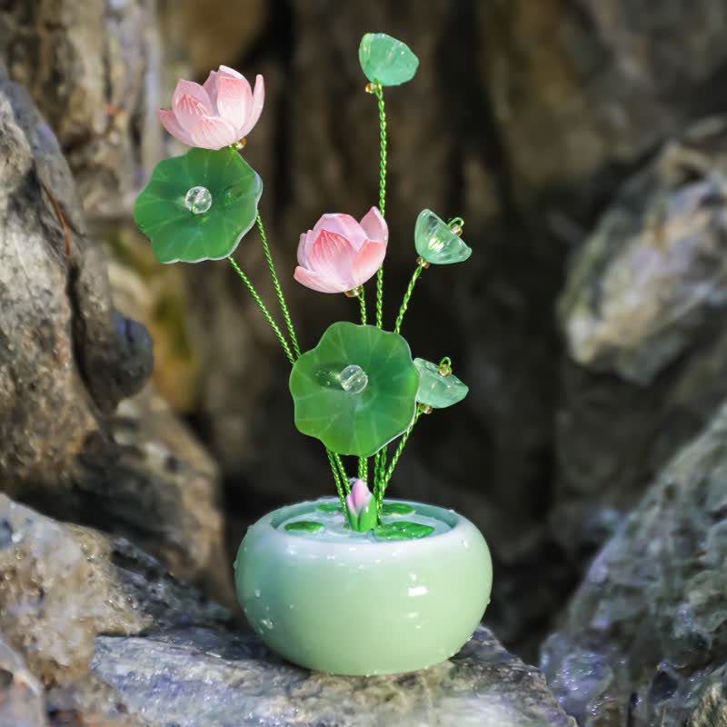 Buddha Stones Pot à parfum en résine en forme de larme de lotus purifiant - Décoration pour un mode de vie conscient - Vert - Deux lotus - image 0