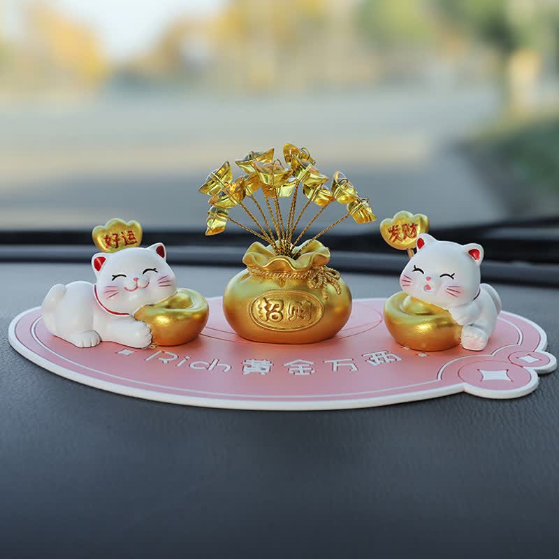 Buddha Stones Sac porte-bonheur chat de prospérité en résine, décoration animal mignonne - Bonne chance + Prospérité + Lingot + Base rose - image 14