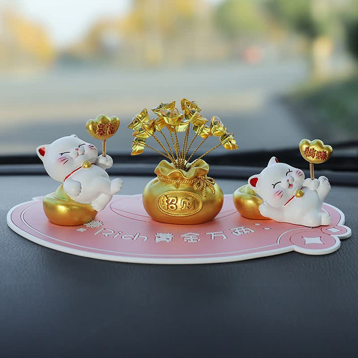 Buddha Stones Sac porte-bonheur chat de prospérité en résine, décoration animal mignonne - Richesse soudaine + Argent facile + Lingot + Base rose - image 15