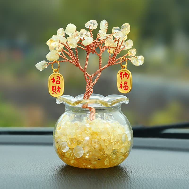 Buddha Stones Ornement de tableau de bord en forme d'arbre à argent en cristal enroulé de fil métallique, symboles de richesse et de fortune - Citrine - Chanceux Fortune - image 1