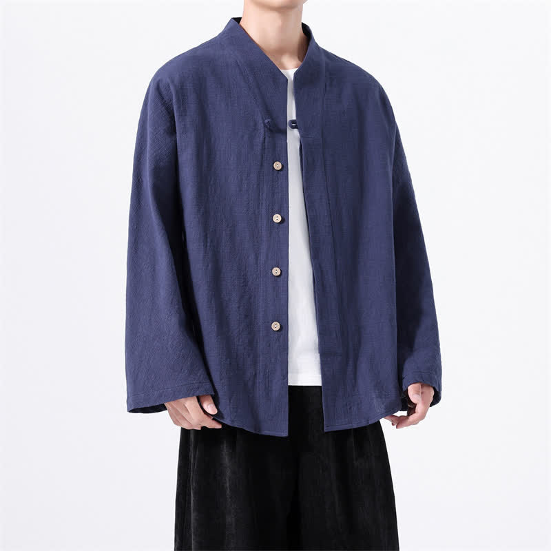 Buddha Stones Chemises à manches longues pour hommes, style minimaliste automne, col mandarin, en coton uni - Marine - US/UK/AU46，EU56 (5XL) - image 0