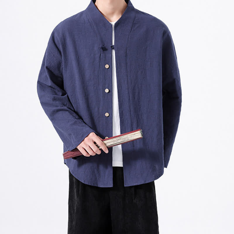 Buddha Stones Chemises à manches longues pour hommes, style minimaliste automne, col mandarin, en coton uni - image 1