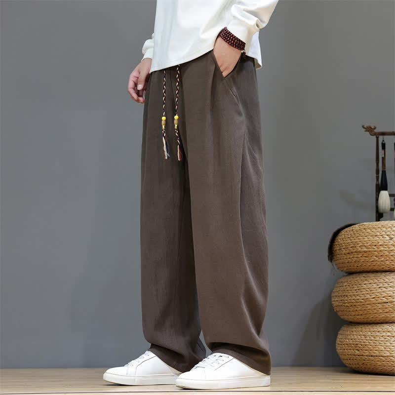 Buddha Stones Pantalon long uni décontracté automne-hiver à cordon de serrage, coupe droite, avec poches - SaddleBrown - US/UK/AU46，EU56 (5XL) - image 0