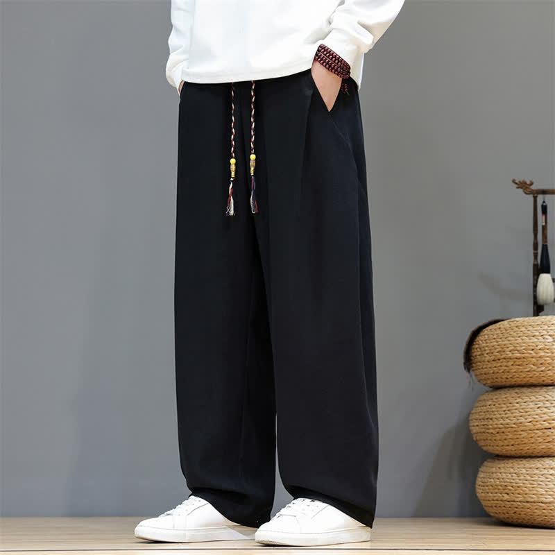 Buddha Stones Pantalon long uni décontracté automne-hiver à cordon de serrage, coupe droite, avec poches - Noir - US/UK/AU46，EU56 (5XL) - image 12
