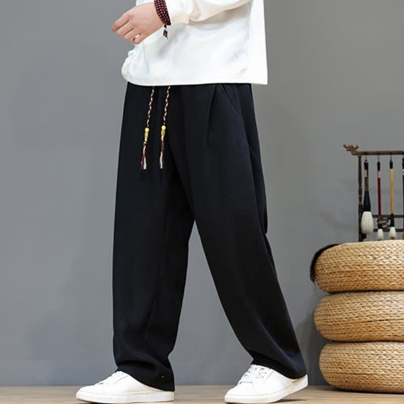 Buddha Stones Pantalon long uni décontracté automne-hiver à cordon de serrage, coupe droite, avec poches - image 16