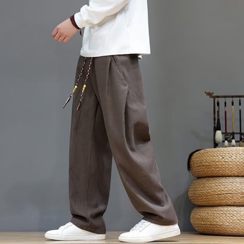 Buddha Stones Pantalon long uni décontracté automne-hiver à cordon de serrage, coupe droite, avec poches - image 2