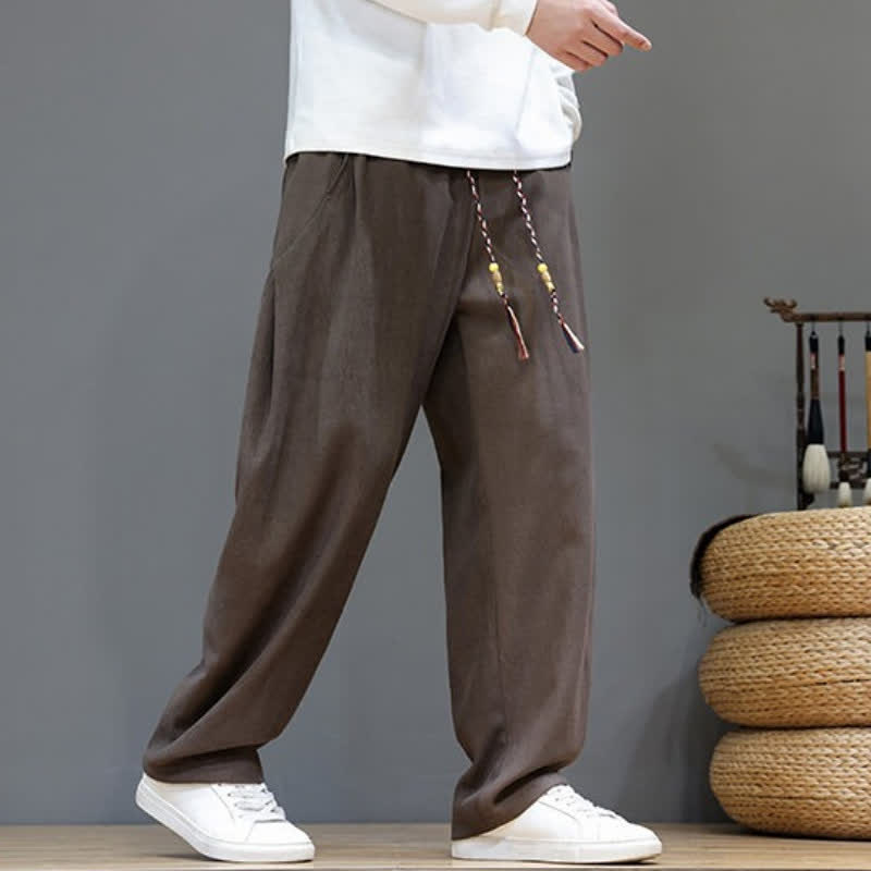 Buddha Stones Pantalon long uni décontracté automne-hiver à cordon de serrage, coupe droite, avec poches - image 1
