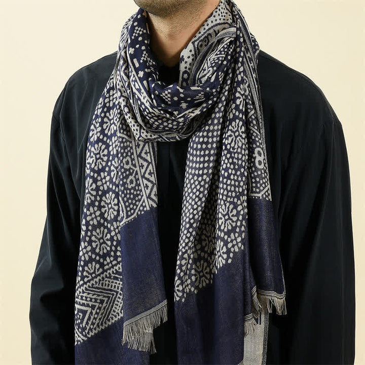 Écharpe réversible et confortable pour homme, motif géométrique cachemire à pompons, style automne-hiver, Buddha Stones - Marine - Environ 25,6 po × 77,0 po / 65 × 195 cm - image 0