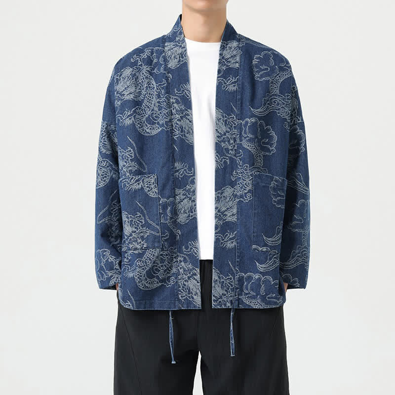Buddha Stones Kimono homme vintage printanier à cordon de serrage, imprimé dragon et nuages, avec poches - SteelBlue - US/UK/AU46，EU56 (3XL) - image 0
