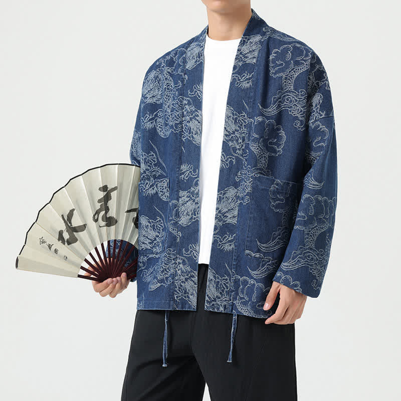 Buddha Stones Kimono homme vintage printanier à cordon de serrage, imprimé dragon et nuages, avec poches - image 1