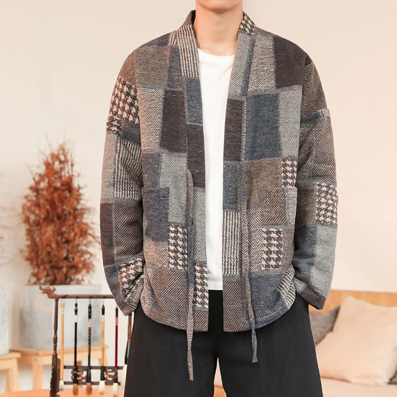 Buddha Stones Kimono homme automne-hiver décontracté vintage à cordon de serrage, patchwork à carreaux, avec poches - image 1