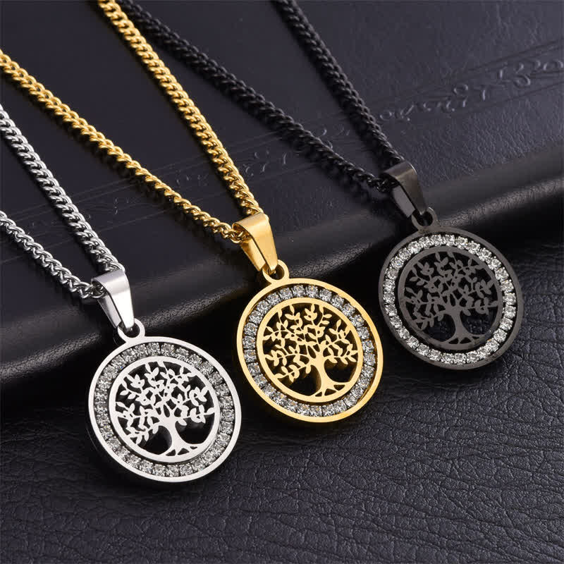 Buddha Stones Collier pendentif rond Arbre de Vie en acier titane - image 0