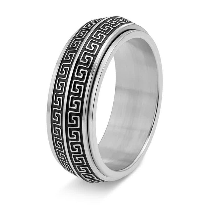 Buddha Stones Bague de protection rotative à motif grec en acier titane - Argent - US13 - image 0