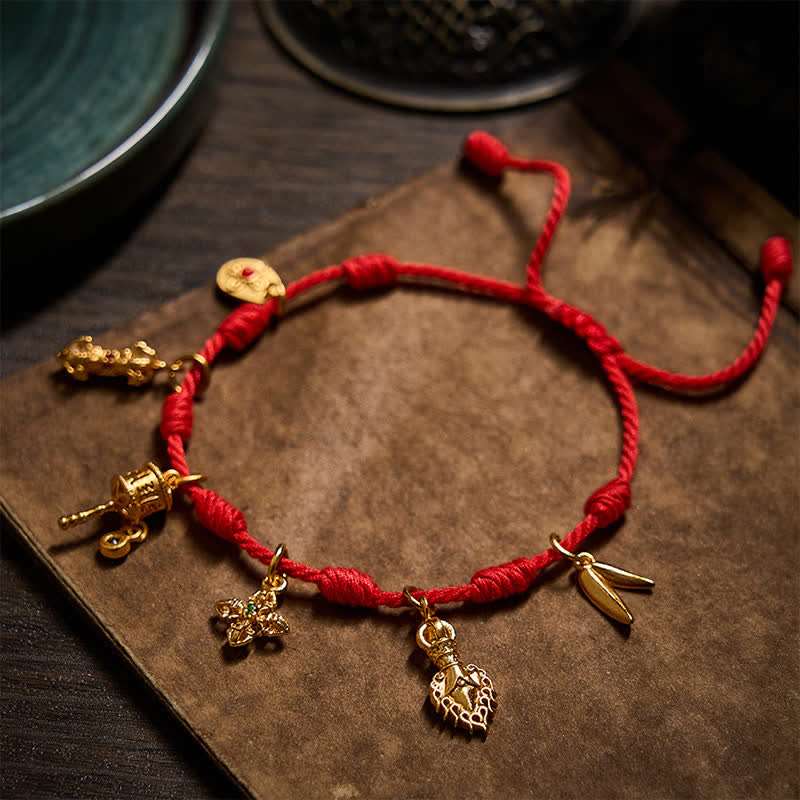 Buddha Stones Bracelet porte-bonheur Zakiram en corde rouge à sept nœuds faite main, avec moulin à prières Om Mani Padme Hum, Vajra et feuille de bambou. - image 1