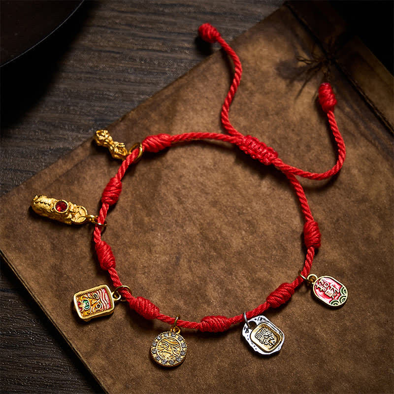 Buddha Stones Bracelet porte-bonheur Zakiram à sept nœuds rouges, orné du caractère Fu Pixiu Vajra, fait main. - image 1