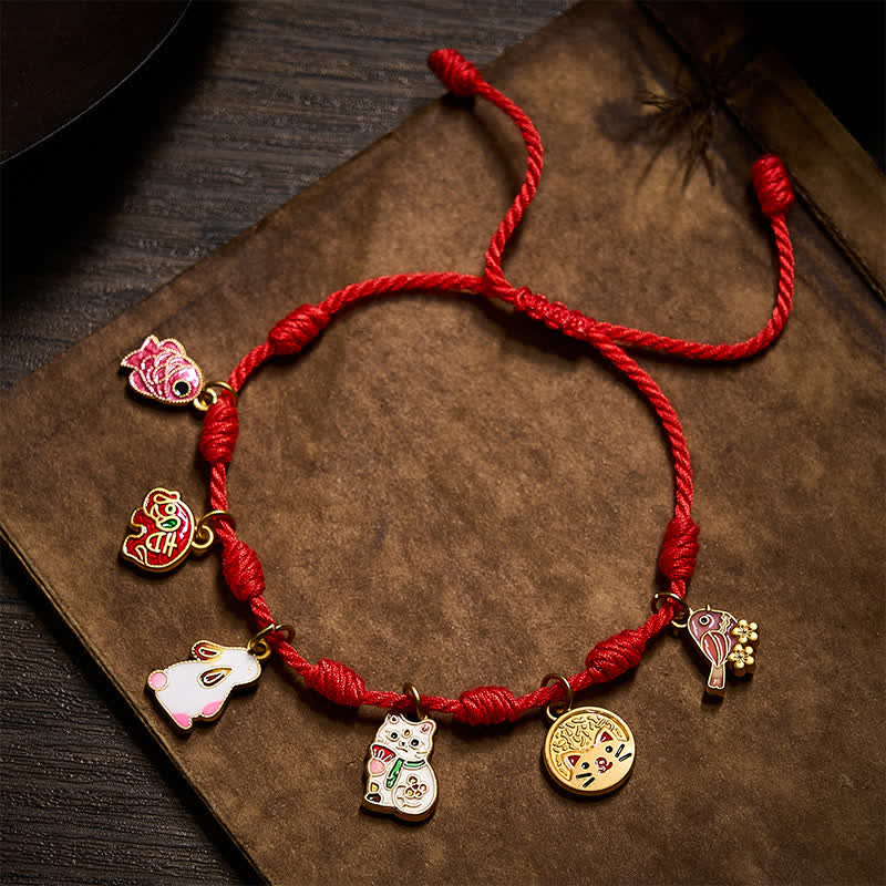 Buddha Stones Bracelet porte-bonheur fait main en corde rouge à sept nœuds, avec motifs de carpes koï, éléphants, lapins, chats et pies violettes. - image 1