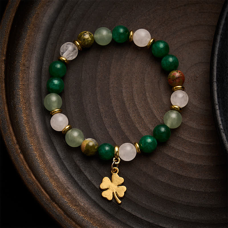 Buddha Stones Bracelet rond en perles d'aventurine verte à motif trèfle à quatre feuilles porte-bonheur - image 1
