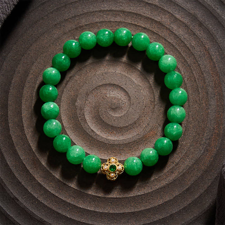 Buddha Stones Bracelet de paix en perles de quartzite et de jade naturel, orné de fleurs - image 1