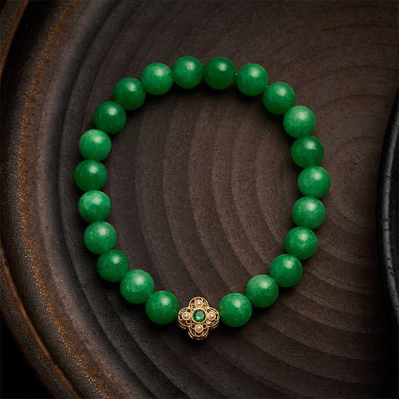Buddha Stones Bracelet de paix en perles de quartzite et de jade naturel, orné de fleurs - Quartzite Jade (Tour de poignet : 15–16 cm) - image 0