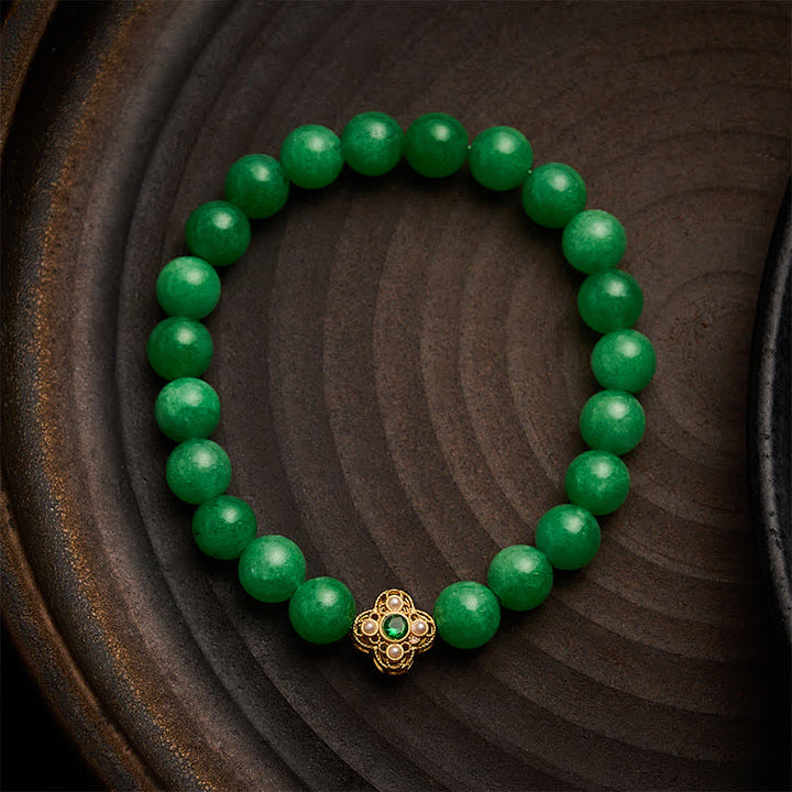 Buddha Stones Bracelet de paix en perles de quartzite et de jade naturel, orné de fleurs - Quartzite Jade (Tour de poignet : 15–16 cm) - image 0