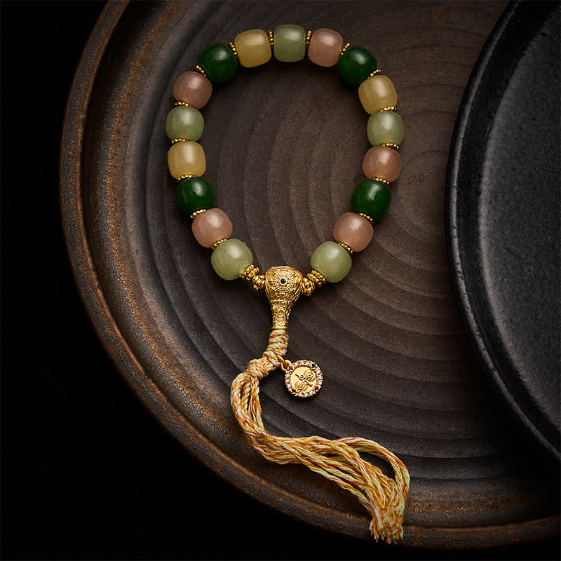 Buddha Stones Bracelet en perles rectangulaires arrondies en quartzite de jade cyan et jade harmonieux - Pompon multicolore 9 × 10 mm - image 0