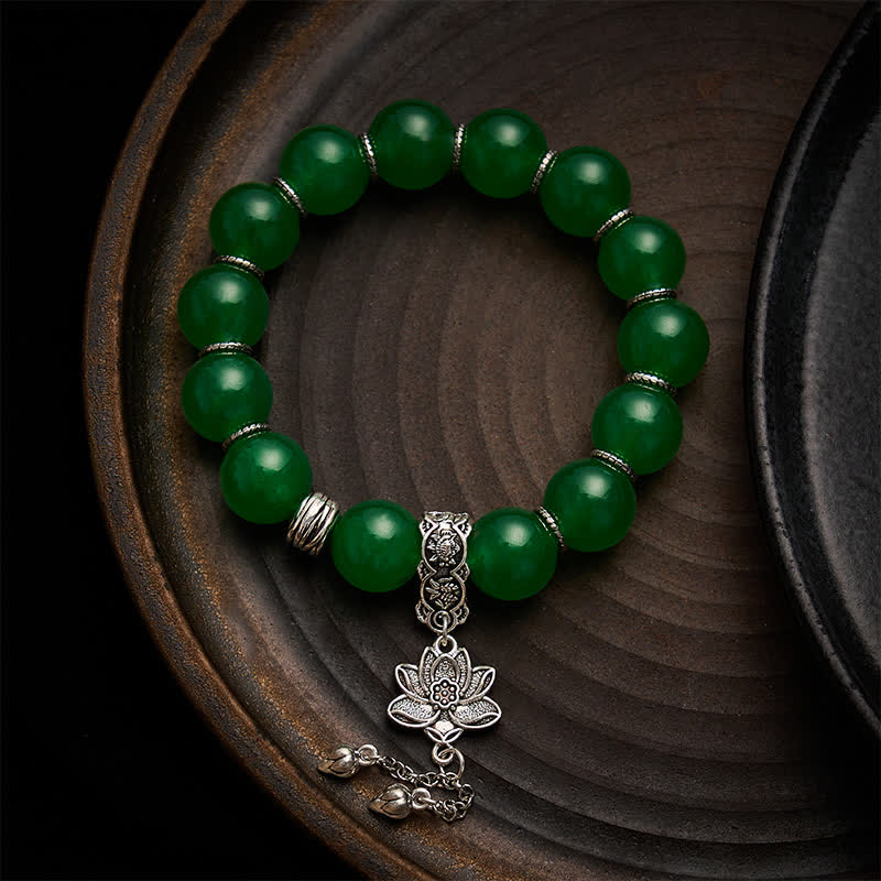 Buddha Stones Bracelet de protection en quartzite vert naturel et perles de jade, breloque lotus. - Quartzite Jade (Tour de poignet : 17–18 cm) - image 0