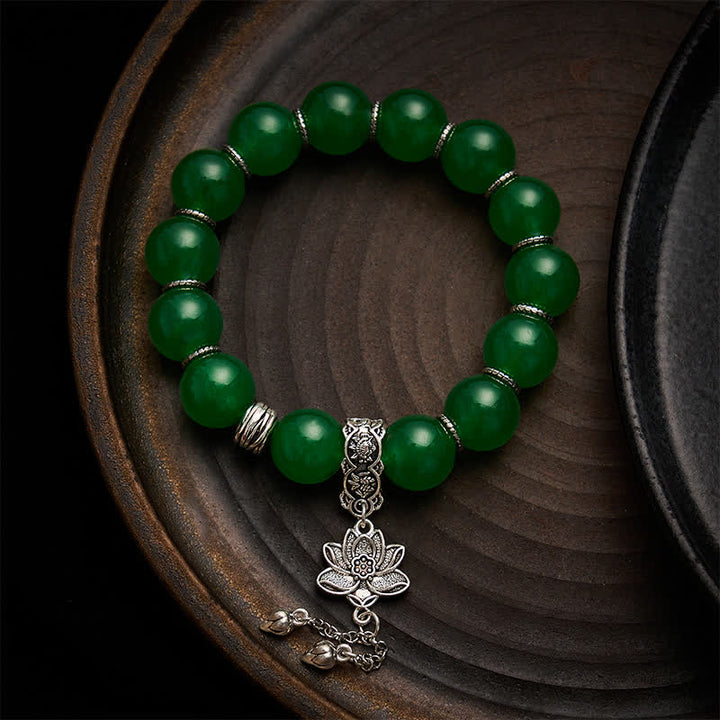 Buddha Stones Bracelet de protection en quartzite vert naturel et perles de jade, breloque lotus. - Quartzite Jade (Tour de poignet : 17–18 cm) - image 0