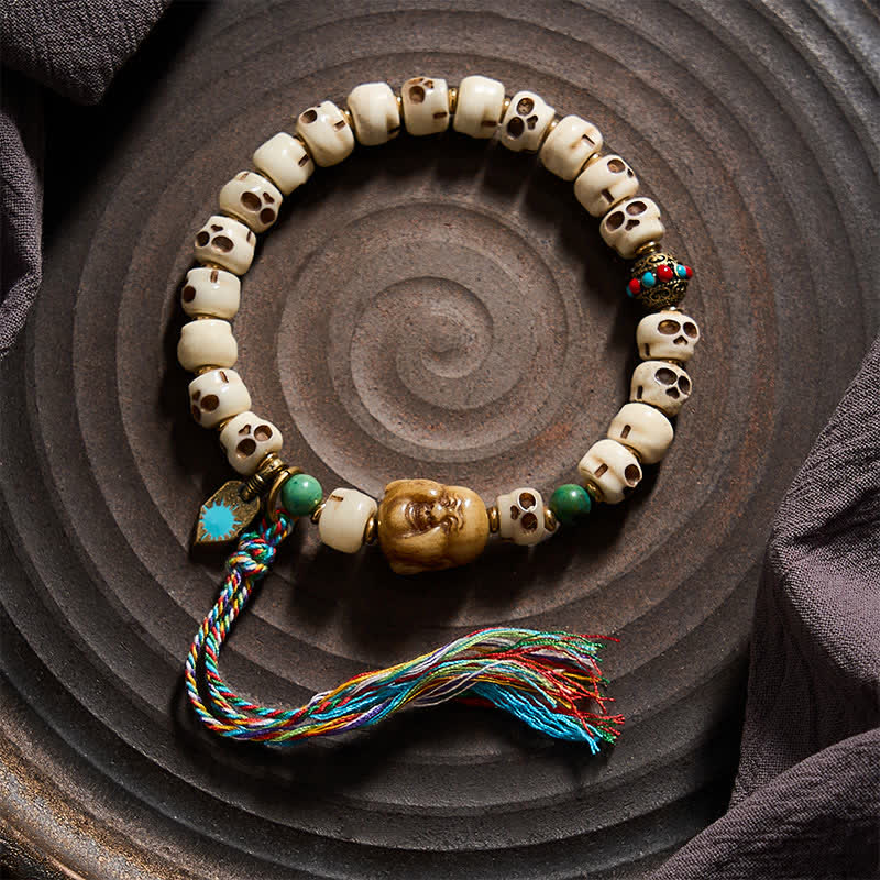 Buddha Stones Bracelet en perles d'os tibétaines, motif crâne du Seigneur de la Forêt des Cadavres, symbole de force et de changement - image 1
