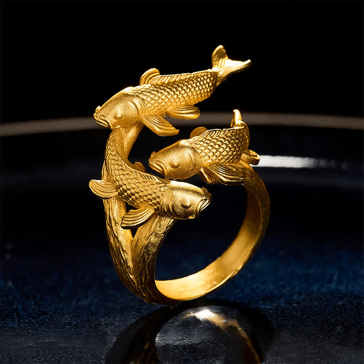 Buddha Stones Bague ouverte rétro en alliage avec trois carpes koï, symbole de richesse - Trois poissons koi (US7) - image 0