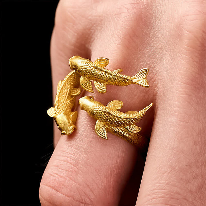 Buddha Stones Bague ouverte rétro en alliage avec trois carpes koï, symbole de richesse - image 3