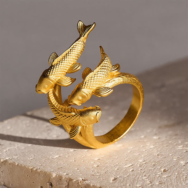 Buddha Stones Bague ouverte rétro en alliage avec trois carpes koï, symbole de richesse - image 2