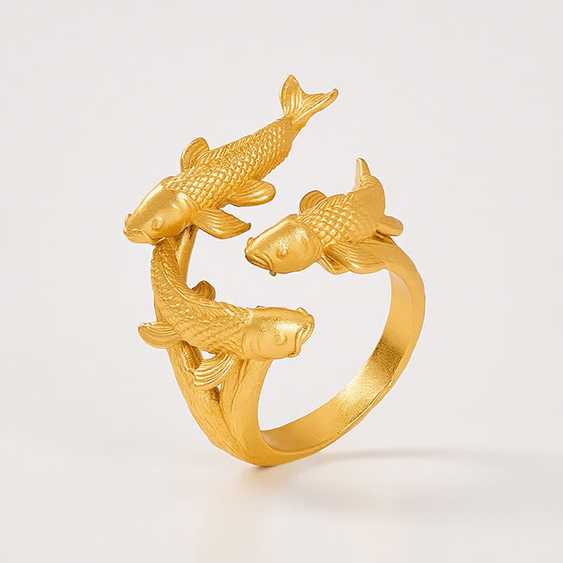 Buddha Stones Bague ouverte rétro en alliage avec trois carpes koï, symbole de richesse - image 4