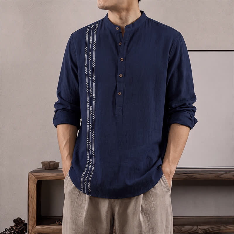 Buddha Stones Chemises à manches longues pour hommes, style Tang, géométriques, en coton, décontractées printemps-été - Bleu nuit - US/UK/AU40, EU50 (2XL) - image 0
