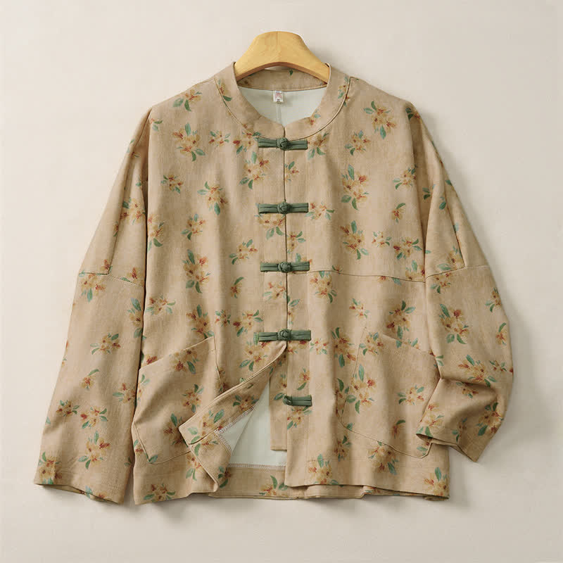 Buddha Stones Veste femme automne vintage style Tang à boutons grenouille et imprimé floral avec poches - Tanné - US14, UK/AU18, EU46 (2XL) - image 0