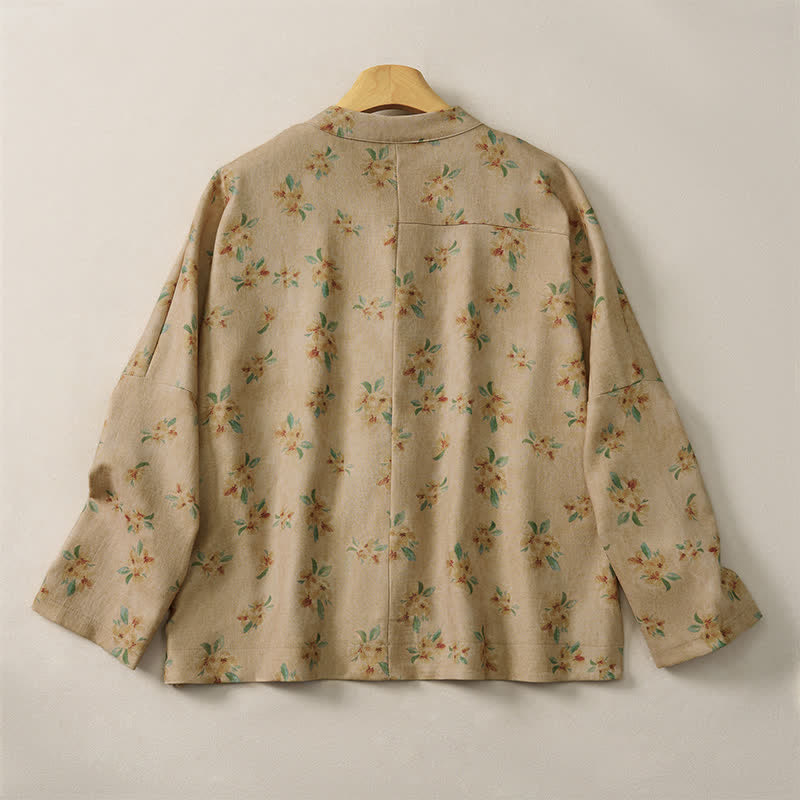 Buddha Stones Veste femme automne vintage style Tang à boutons grenouille et imprimé floral avec poches - image 1