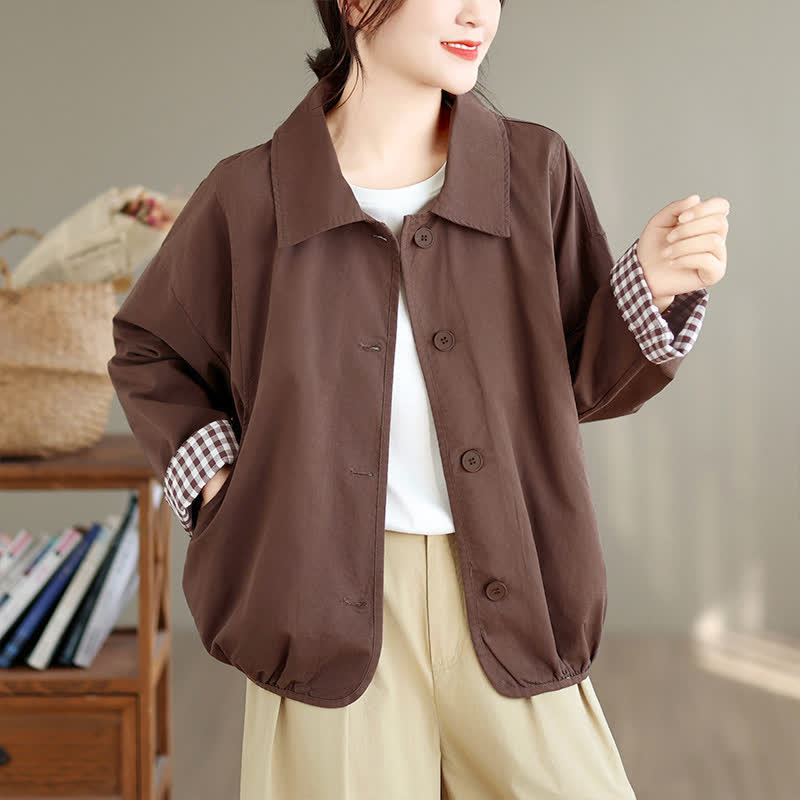 Buddha Stones Veste d'automne décontractée vintage à boutons pour femme, à motif à carreaux uni et poches - image 1