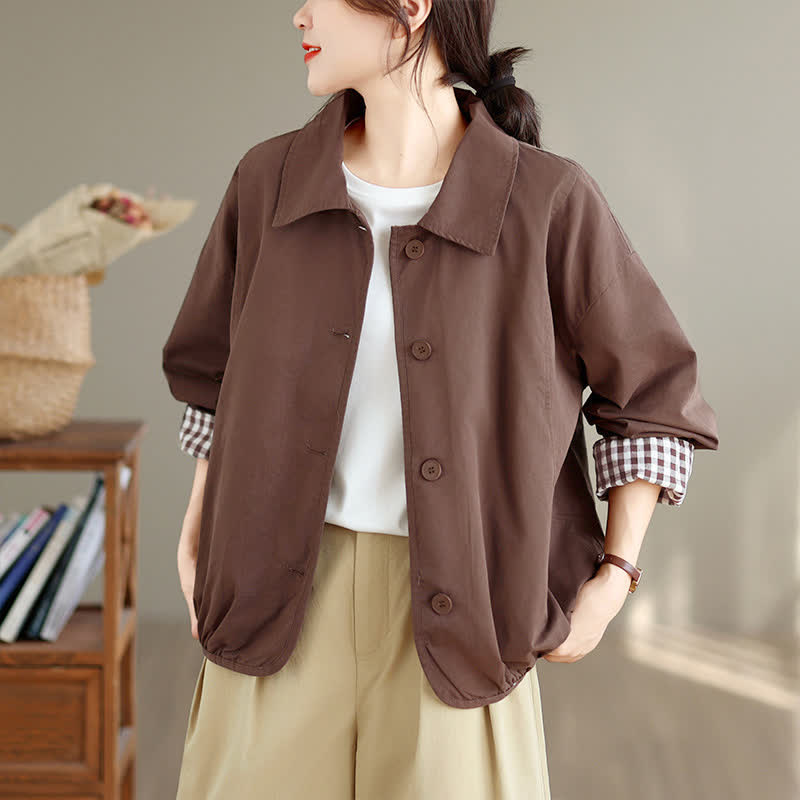 Buddha Stones Veste d'automne décontractée vintage à boutons pour femme, à motif à carreaux uni et poches - Terre de sienne - US14, UK/AU18, EU46 (2XL) - image 0
