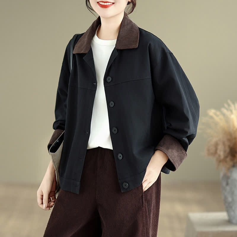 Buddha Stones Veste femme unie à boutons, style vintage décontracté automne, avec finitions contrastées - image 1