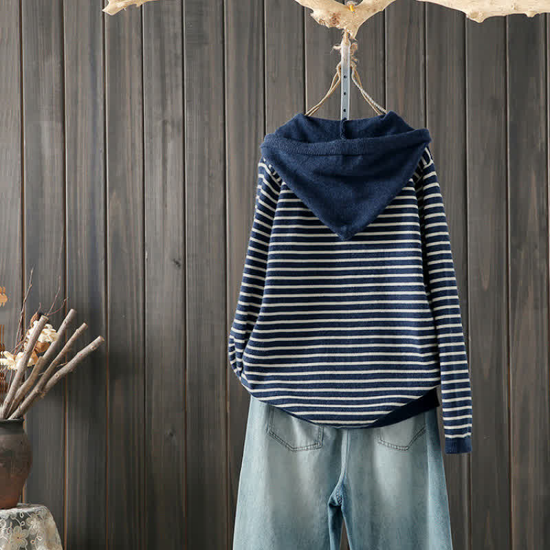 Buddha Stones Sweat à capuche rayé en coton pour femme, style classique décontracté automne-hiver, avec cordon de serrage - image 1