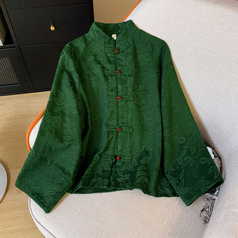 Buddha Stones Chemises courtes à manches longues pour femmes, style Tang vintage automne, bouton grenouille, motif floral et feuilles, en coton. - Vert forêt - US12, UK/AU16, EU44 (2XL) - image 0