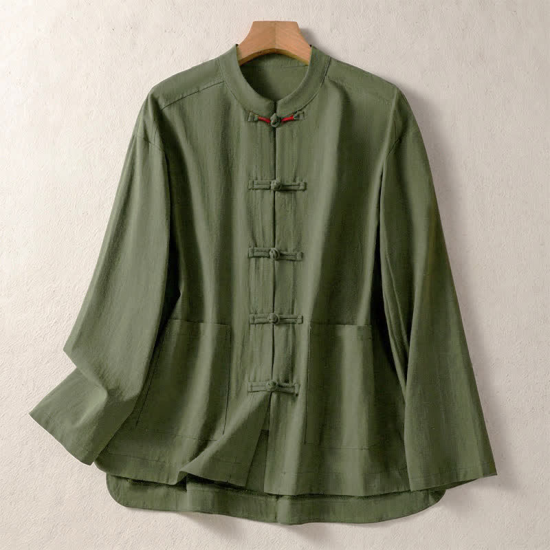 Buddha Stones Chemises à manches longues pour femmes, style vintage automne, col mandarin à boutons brandebourg, couleur unie, avec poches - Vert olive foncé - US8-10, UK/AU12-14, EU40-42 (2XL) - image 0