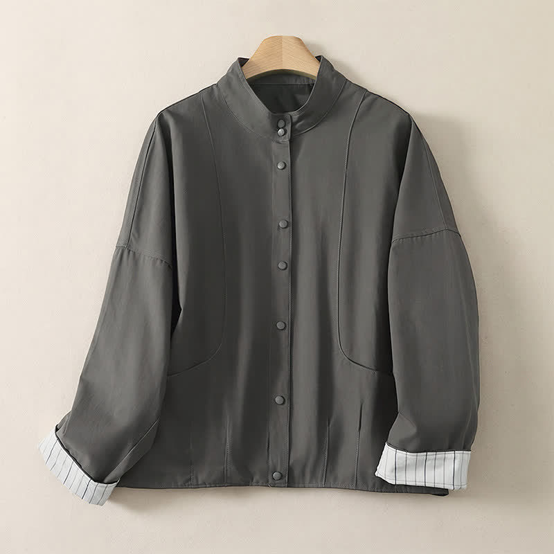 Buddha Stones Veste courte femme unie à col mandarin, style minimaliste décontracté automne-hiver, avec poches - Gris sombre - US14, UK/AU18, EU46 (2XL) - image 0