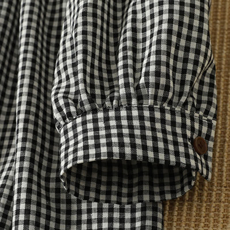Buddha Stones Robe d'automne vintage à manches longues et poches, boutonnée, à carreaux vichy noirs et blancs - image 7