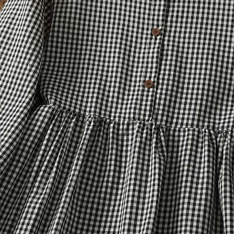 Buddha Stones Robe d'automne vintage à manches longues et poches, boutonnée, à carreaux vichy noirs et blancs - image 4