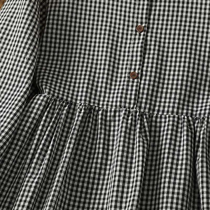 Buddha Stones Robe d'automne vintage à manches longues et poches, boutonnée, à carreaux vichy noirs et blancs - image 4