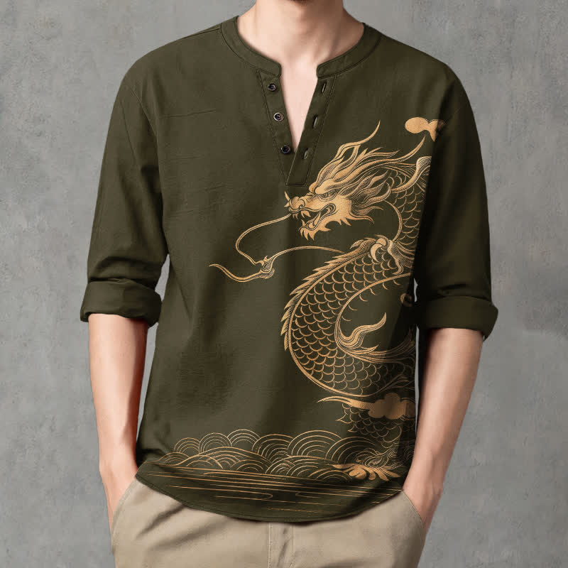 Buddha Stones Chemises à manches longues pour hommes en coton à motif de vagues de dragon doré et col en V avec boutons - image 1