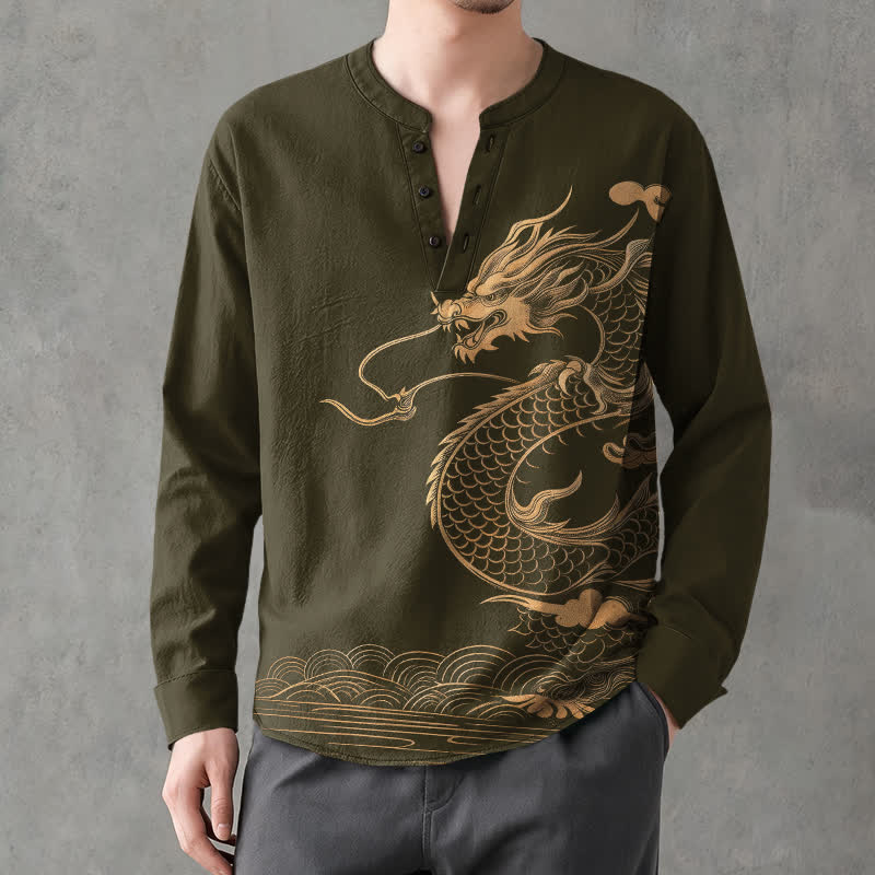 Buddha Stones Chemises à manches longues pour hommes en coton à motif de vagues de dragon doré et col en V avec boutons - Vert olive foncé - US/UK/AU48，EU58 (4XL) - image 0