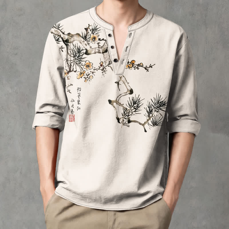 Buddha Stones Chemises à manches longues pour hommes, col en V, motif fleurs jaune pin, encre de coton - Lin - US/UK/AU48，EU58 (4XL) - image 0