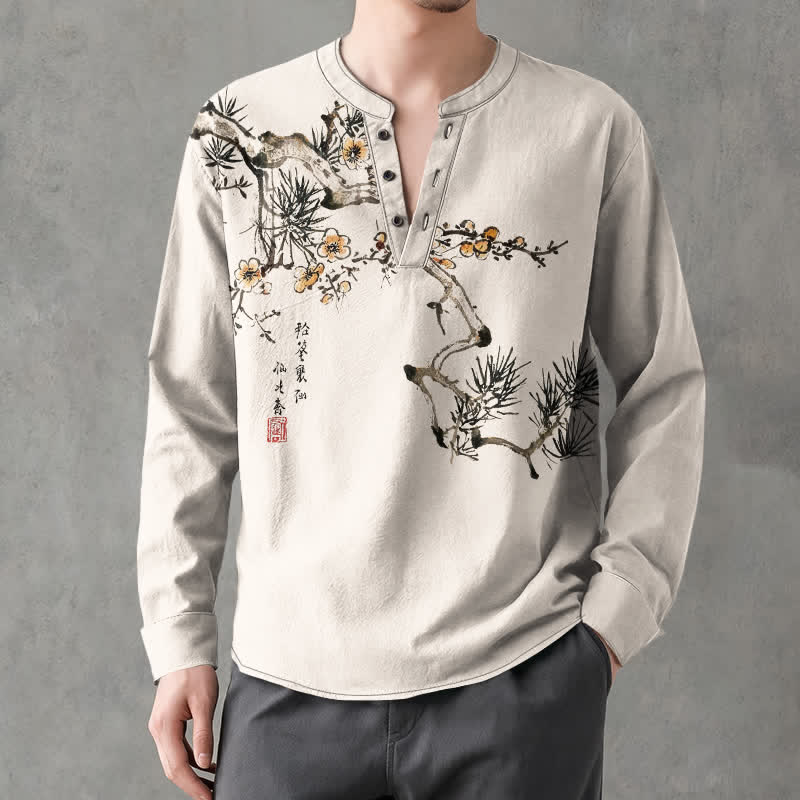 Buddha Stones Chemises à manches longues pour hommes, col en V, motif fleurs jaune pin, encre de coton - image 1